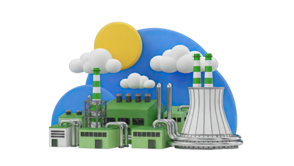 3D Rendering of a Green Factory with Cooling Towers and Sun
