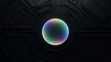 Iridescent sphere glowing on dark textured tech background abstract art.