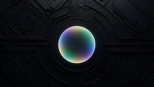 Iridescent sphere glowing on dark textured tech background abstract art. - Powered by Adobe