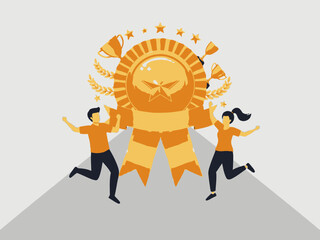 A cartoon illustration of two people running towards a large golden award ribbon on a grey background