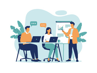 Business colleagues discussing data on a presentation board in a meeting room with laptops