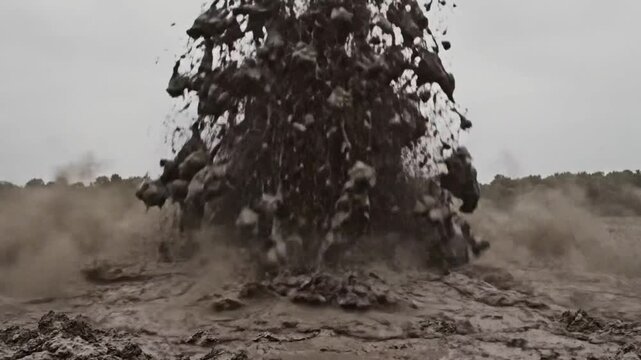 Dramatic mud explosion erupting high into the air in slow motion, creating a large cloud of debris and mud