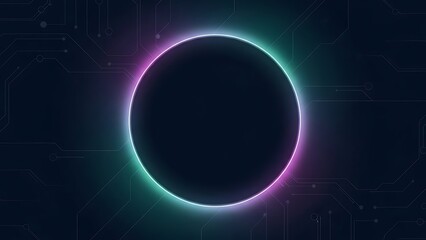 Glowing neon circle on a dark background with purple and green hues.
