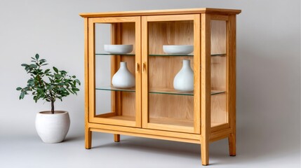 Oak display cabinet showing minimalist pottery and plant