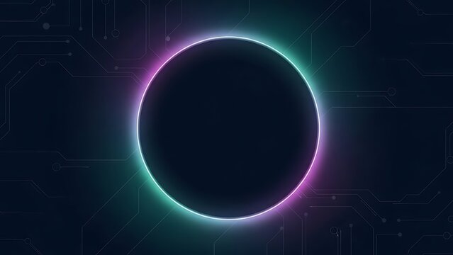 Glowing neon circle on a dark background with purple and green hues. - Powered by Adobe
