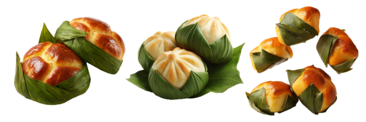 Set of Coconut braided bread rolls  wrapped in tropical green leaves, isolated on white background, Papua New Guinea cuisine