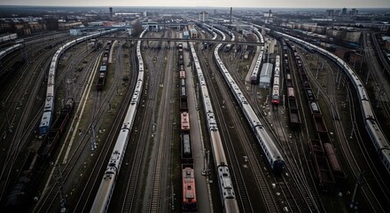 Aerial View of a Busy Railway Yard with Numerous Trains and Tracks.