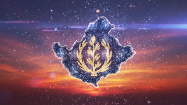 Abstract shimmering logo reveal against a sunset sky filled with colorful lights and particle effects