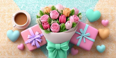 Colorful Bouquet and Gifts for Mother's Day Celebration on a Flat Surface