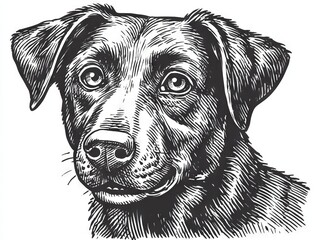Detailed Black and White Woodcut Illustration of a Labrador Dog Head