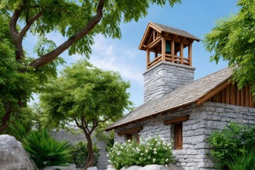 Stone bell tower building rising above green garden
