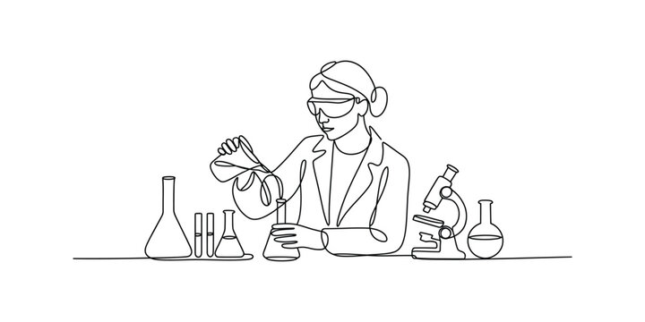 Continuous one line drawing of Female scientist a microscope and flask, analyze formula on laboratory tube, concept of medical science, Editable stroke vector illustration.