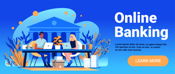 Online banking digital finance people laptops office workspace bank building plants blue background website banner