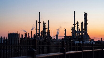 Obraz premium Silhouetted industrial plant with smoking stacks at dawn against vibrant sky