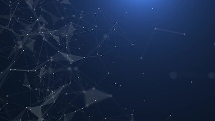 Abstract digital plexus of white glowing nodes and thin lines forming geometric shapes and connections against a gradient dark blue background suggesting data science and network concepts - Powered by Adobe