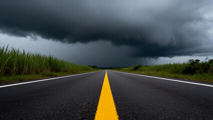 A long straight road stretches into the distance under a dark, stormy sky with heavy clouds looming overhead.