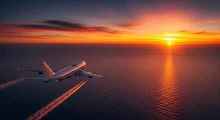 Airplane Soaring Through Sunset Sky Over Ocean, Capturing a Breathtaking View.