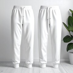 White sweatpants, side-by-side, on mannequins