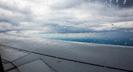 Airplane Wing View Through Rainy Window with Cloudy Sky and Horizon.