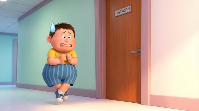 Funny 3D cartoon boy doing a desperate potty dance with crossed legs in front of a closed door, bathroom urgency concept
