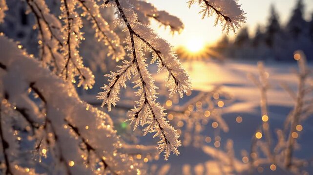 Frozen tree branches with frost at sunrise in winter landscape