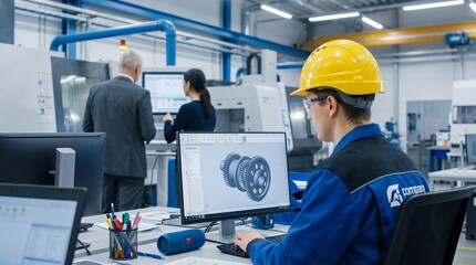 Young engineer focused on 3D design software at a computer in a modern manufacturing plant.