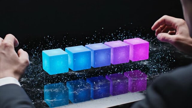 Hologram cube neon light digital technology data concept innovation businessman hand sparkle effect futuristic scene glowing neon cube block business