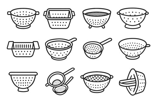 Vector colander icon collection rinse bowl nested strainer scoop basket microfilter