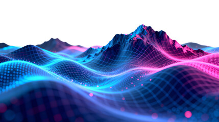 Futuristic Digital Mountain Landscape with Neon Waves
