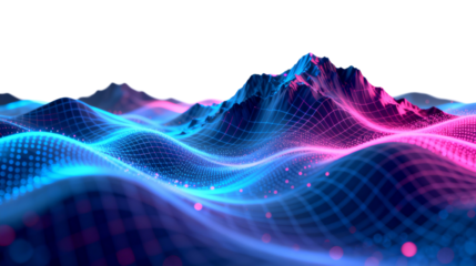 Futuristic Digital Mountain Landscape with Neon Waves