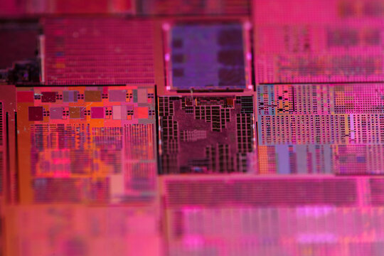 Close-up View of Intricate Circuit Patterns on a Silicon Chip