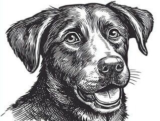 Detailed Black and White Woodcut Illustration of a Cheerful Dog Portrait