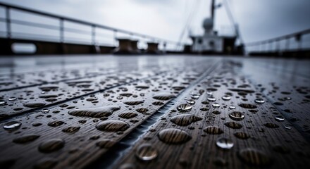 Close-up of wooden deck with water droplets reflecting the overcast sky and ship details.