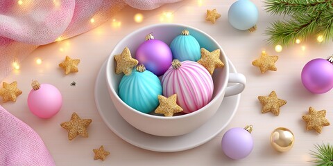 Cheerful Arrangement of Christmas Ornaments in a Bowl with Soft Ambient Lighting