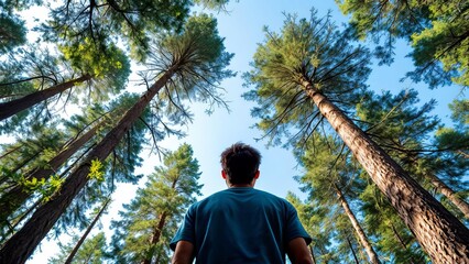 Man Gazing Up at Towering Pines in a Sunny Forest