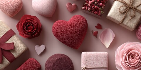 Flat Lay of Textured Gifts and Roses in Shades of Pink for Romantic Collection