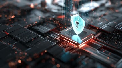 Advanced digital protection scene showing a glowing shield and keyhole, floating padlocks and streams of binary code, dark high-tech circuit board with neon accents - Powered by Adobe