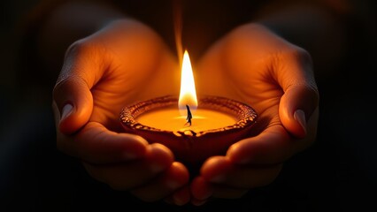 Human Hands Cupping a Lit Candle Flame in Dark