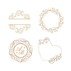 Ornamental frame set with round monogram and heart border. Elegant decorative elements.