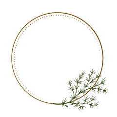 Winter round botanical frame with evergreen branch. Seasonal decorative border.