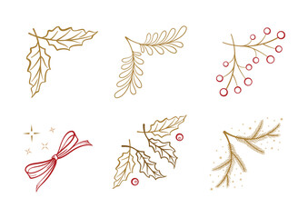 Christmas decorative corner set with leaves berries and ribbon. Festive winter elements.