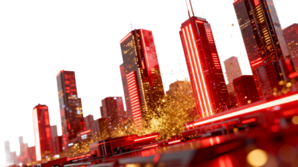 Futuristic Cityscape with Neon Red Skyscrapers and Golden Particles