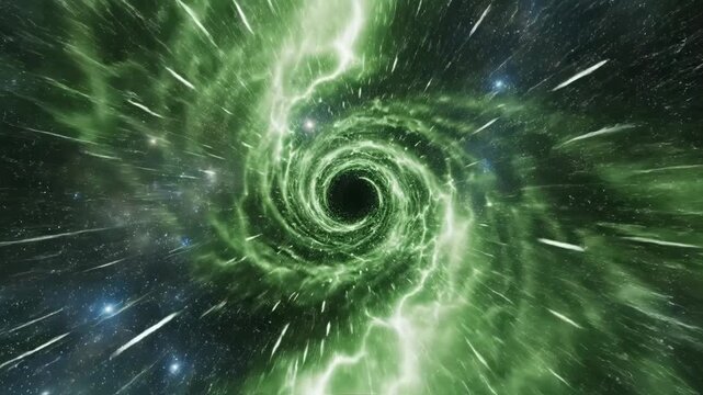 Green swirling vortex in space with stars and cosmic energy