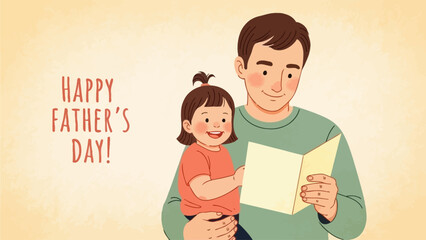 Heartwarming illustration of a loving father enjoying a special Father's Day moment with his adorable daughter, who presents him with a thoughtful greeting card