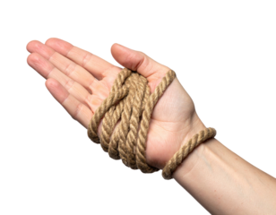 Human Hand Tied with Natural Rope Symbolizing Control and Restriction on Transparent Background