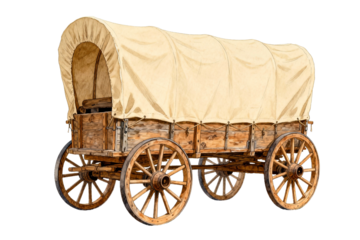 Vintage Covered Wagon with Wooden Wheels and Canvas Tarp