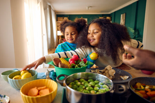 Girls spend time with their parent in the kitchen