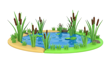 Stylized Pond with Cattails and Lily Pads