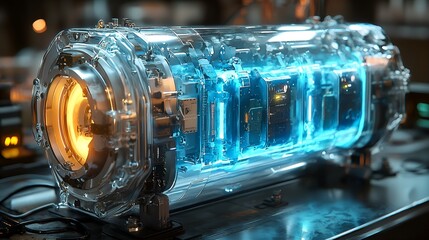 Transparent futuristic tech cylinder in lab