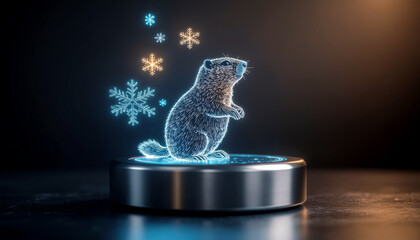 Groundhog Day Futuristic Hologram with Digital Groundhog and Glowing Snowflakes